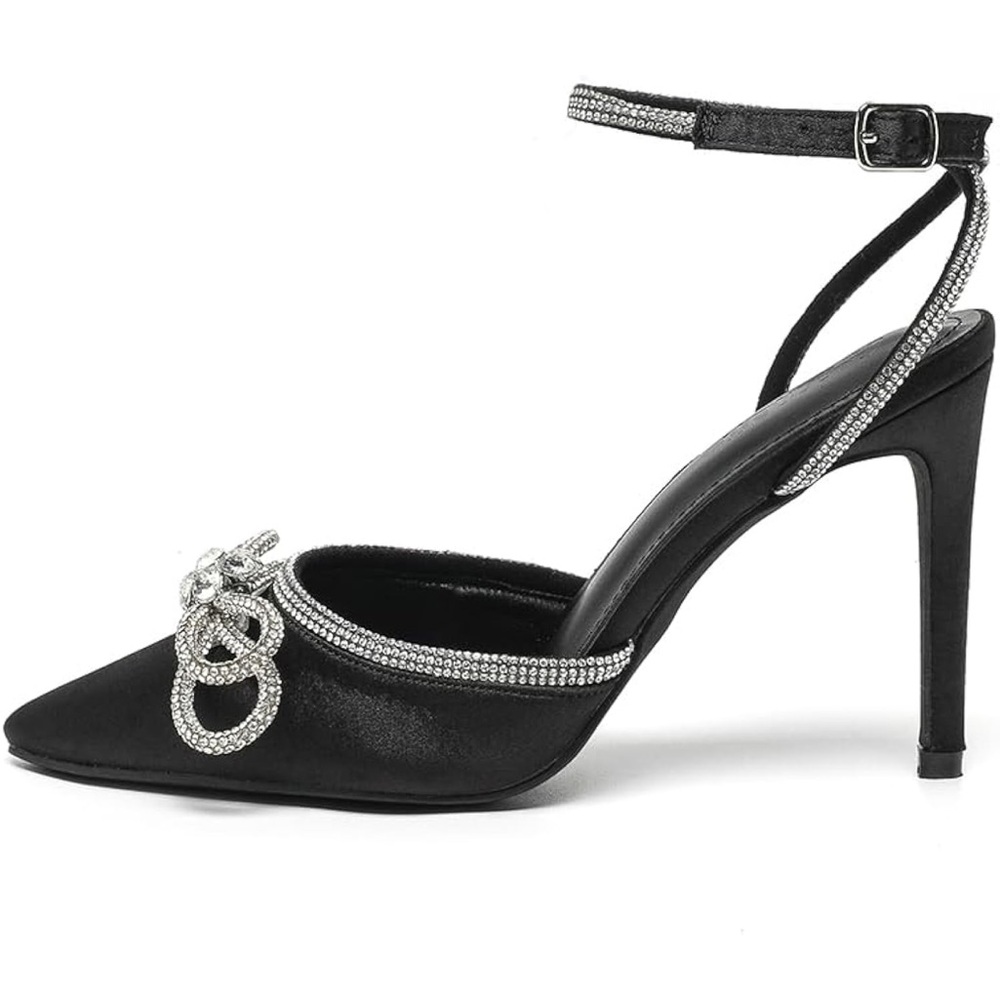 Black Satin Heels with Crystal Bow. Worn twice